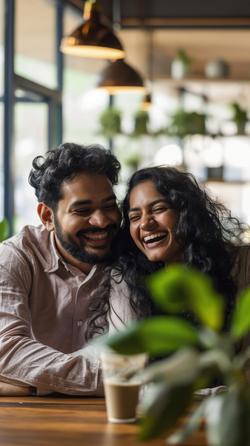 Friends laughing at cafe